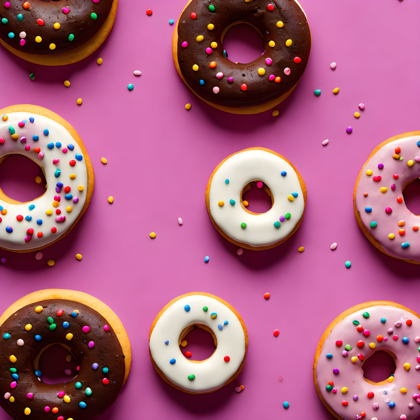 Colorful Sprinkle Frosted Donuts on Pink Background