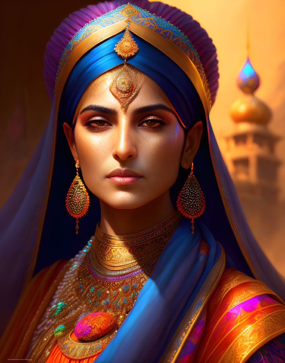 Regal woman in traditional attire with colorful headpiece and jewelry