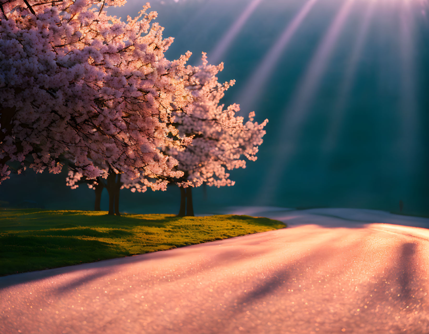 Blooming cherry blossom trees beside road in sunlight