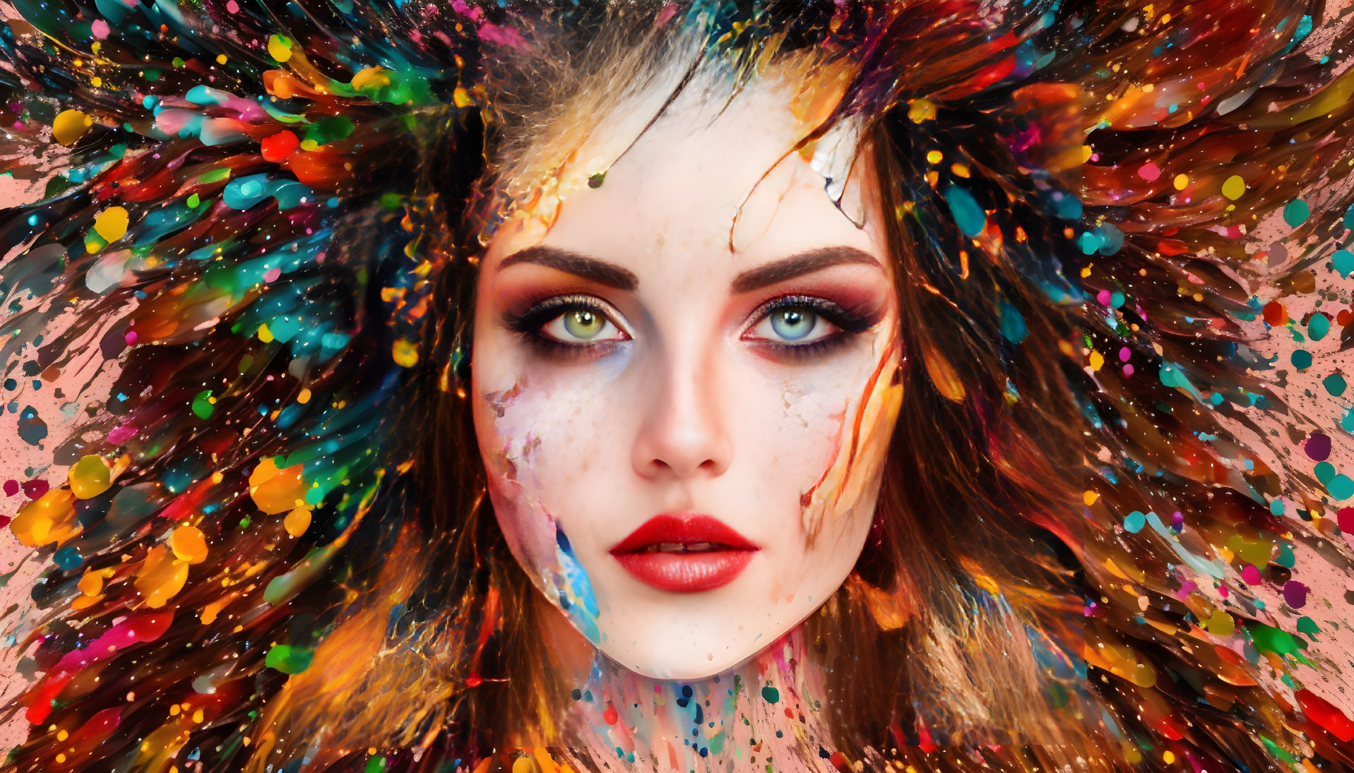 Colorful paint splashes around woman's face with green eyes and red lips