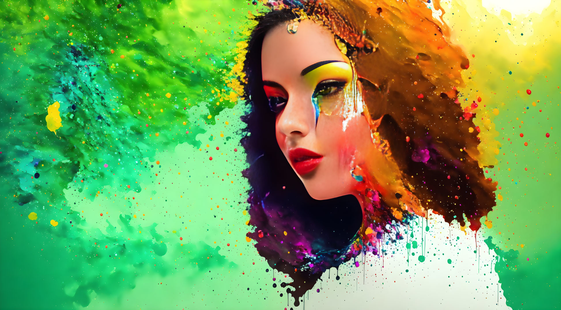 Colorful paint splatters blend with woman's face on green background