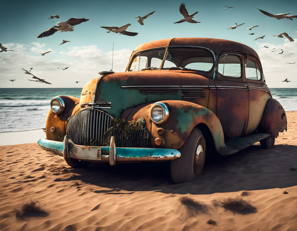 Abandoned rusty vintage car on sandy beach with seagulls and ocean backdrop