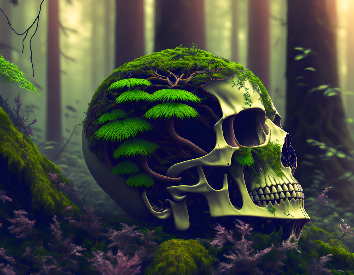 Skull in misty forest with moss and plants, merging life and death in nature