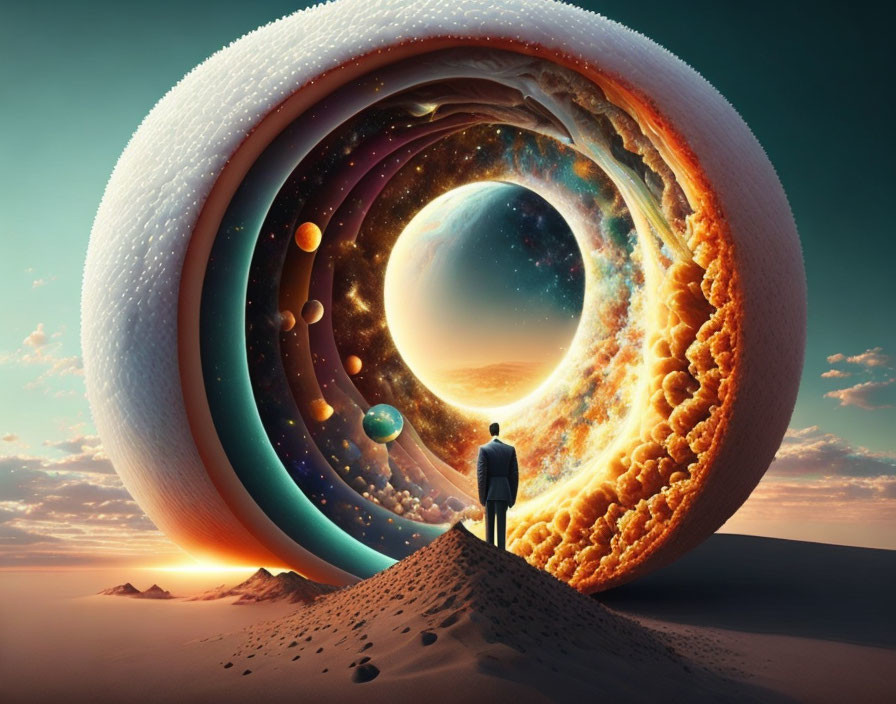 Surreal cosmic portal with planets and stars in desert landscape