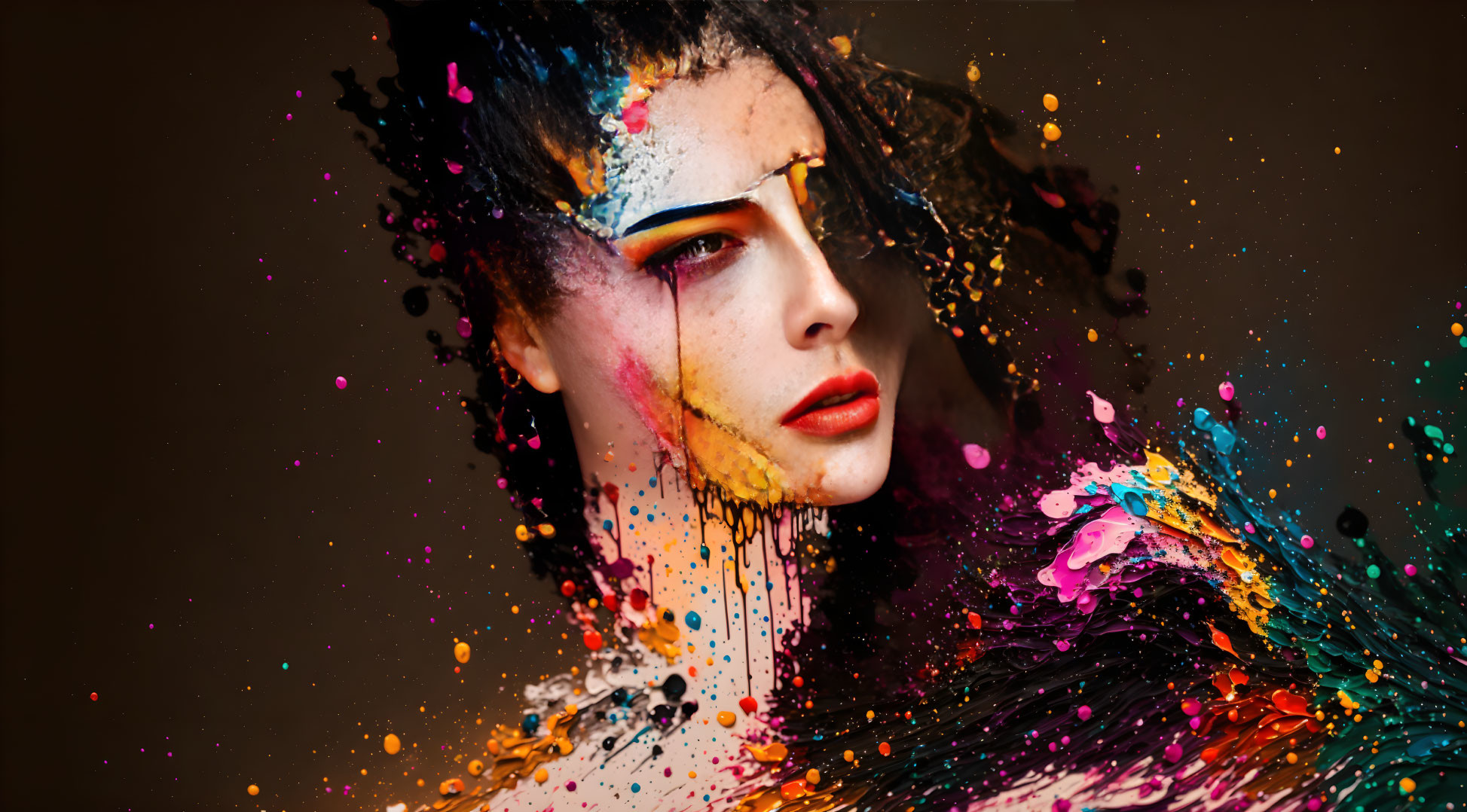 Colorful Paint Splatter Portrait of Woman on Dark Background