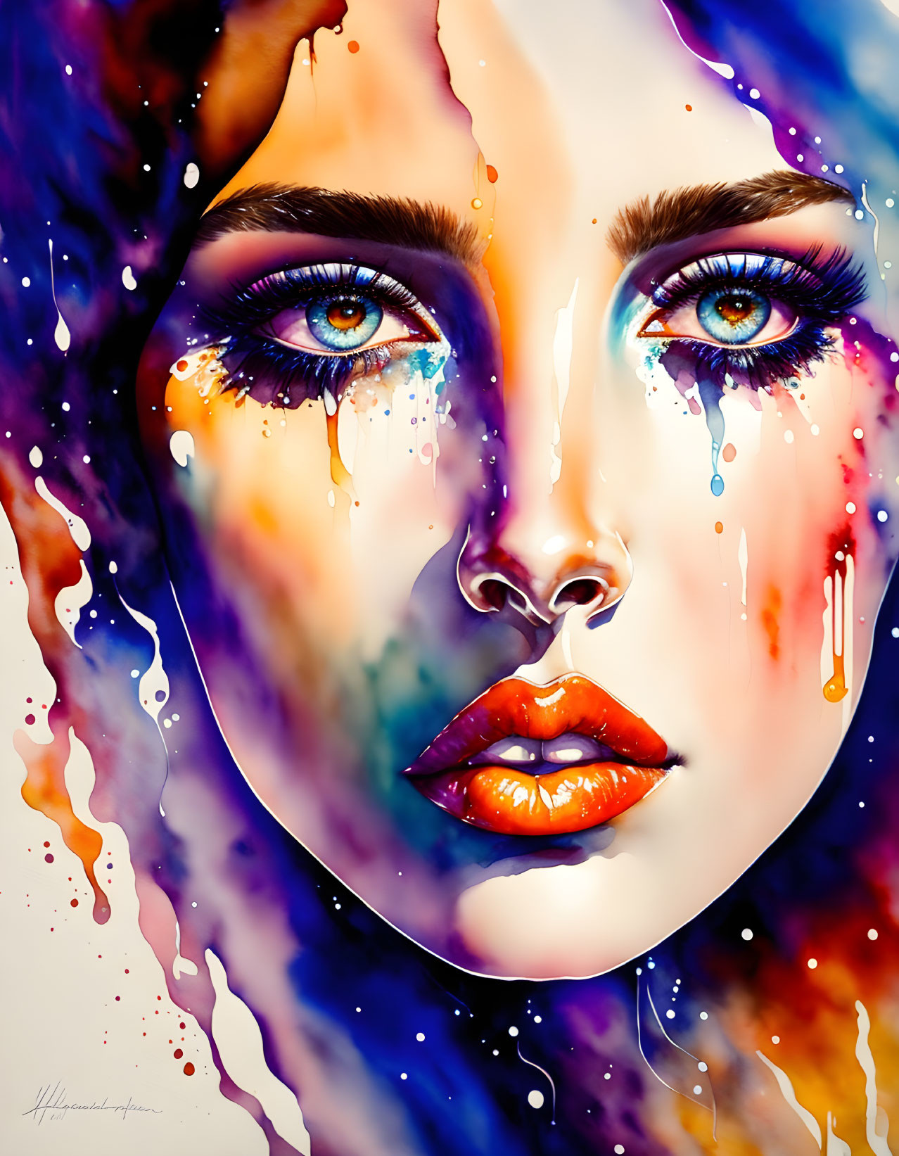 Colorful portrait of a woman with blue eyes blending realism and abstract art