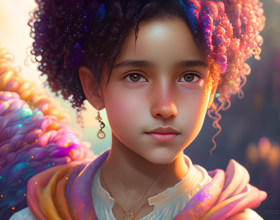 Vibrant digital portrait of young girl with curly hair and warm brown eyes