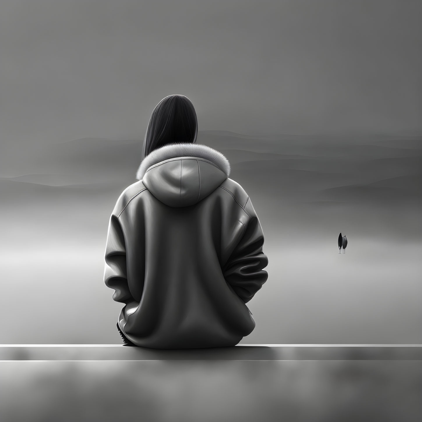 Person in Gray Hoodie Contemplating Distant Figure in Foggy Landscape