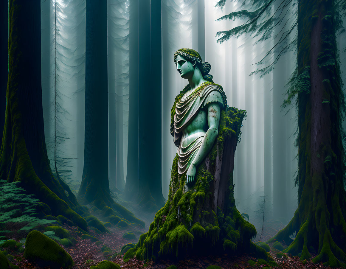 Classical figure statue covered in moss in foggy forest