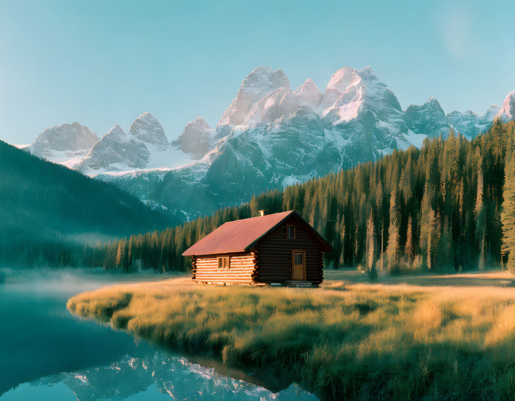 Misty Lake Landscape with Log Cabin, Mountains, and Pine Trees