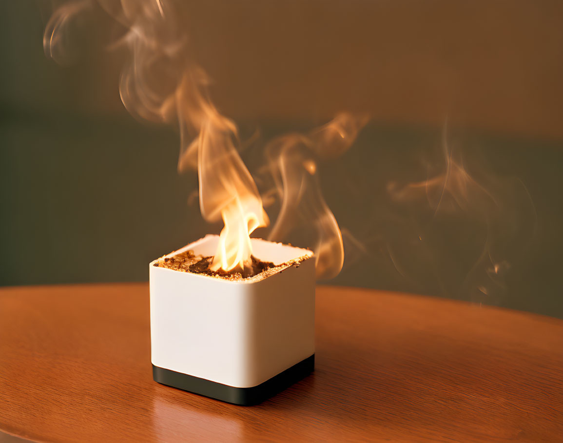 White Square Candle Container on Wooden Surface with Lit Flame and Smoke