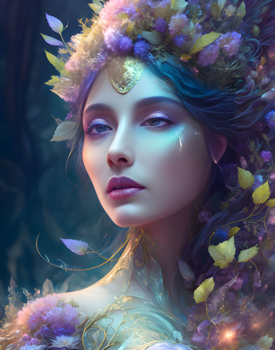 Woman with floral crown in mystical blue-lit ambiance