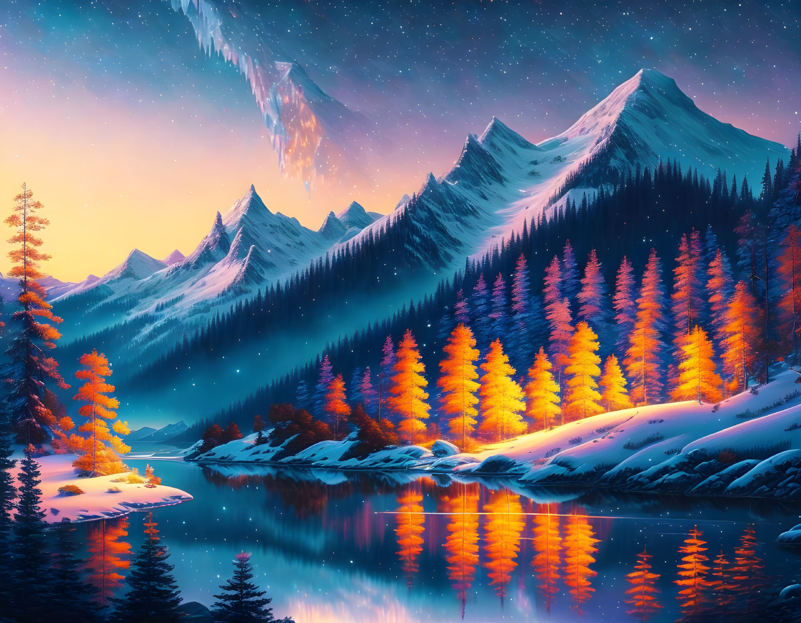 Digital artwork: Serene lakeside with glowing orange trees, snow-capped mountains, twilight sky.