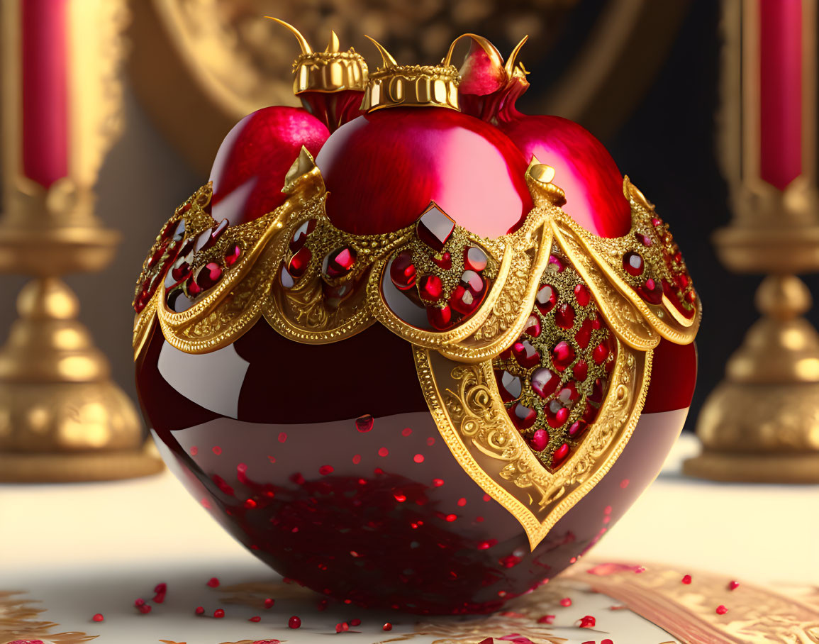 Red and Gold Christmas Bauble with Jewels and Intricate Patterns on Blurred Background