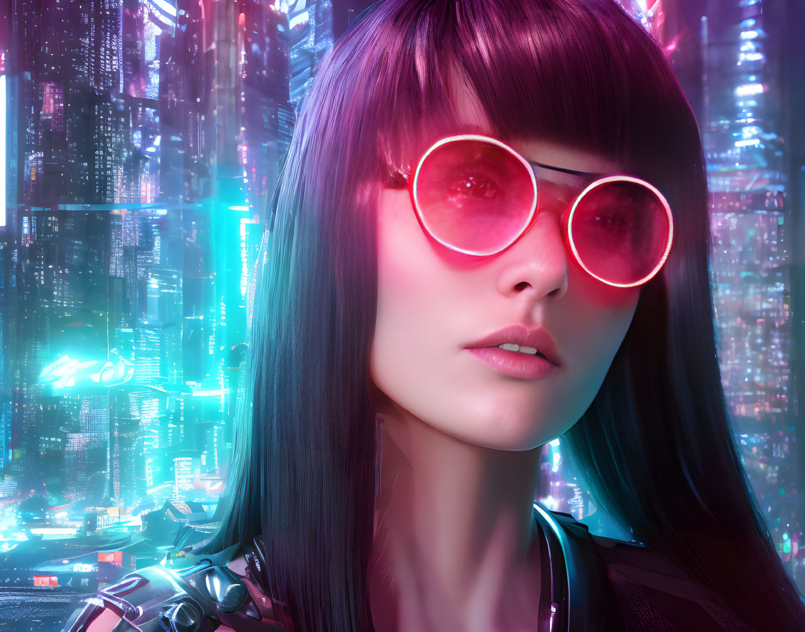 Woman with black bob cut and pink sunglasses in front of neon cityscape