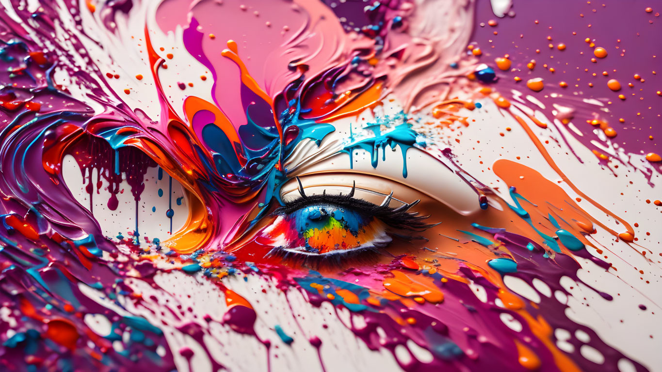 Colorful paint splashes swirl around detailed human eye with blue eyeshadow