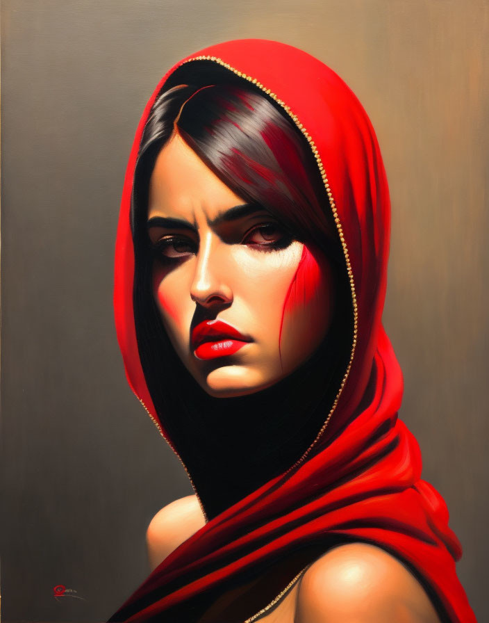 Portrait of Woman with Red Scarf and Intense Gaze