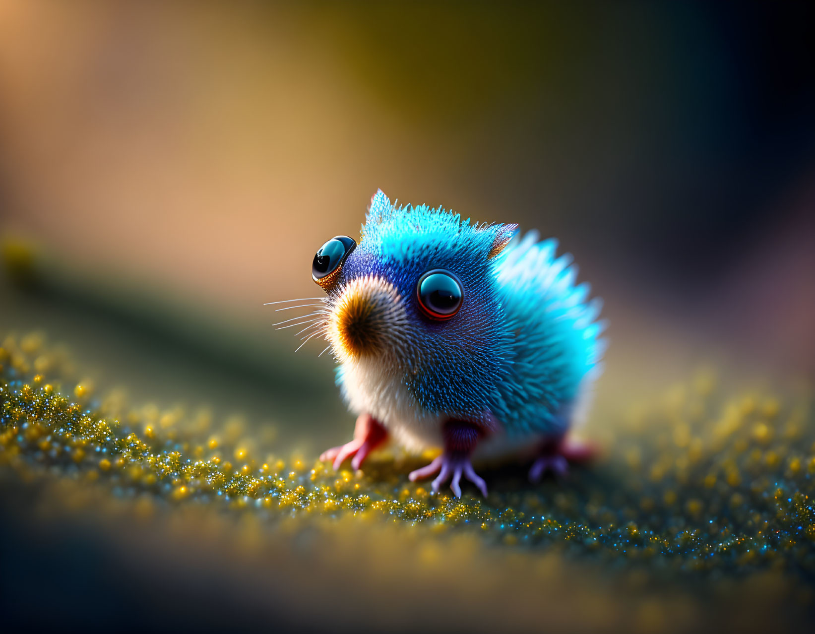 Blue furry cartoon creature with oversized eyes on soft-focus background