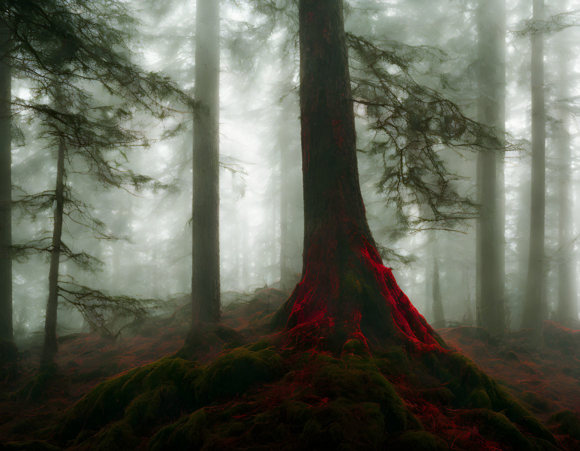 Enchanting forest landscape with red foliage-covered tree in foggy setting