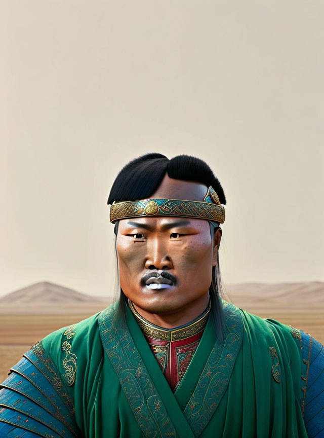 Traditional Asian Man Illustration in Ornate Attire Against Desert Landscape