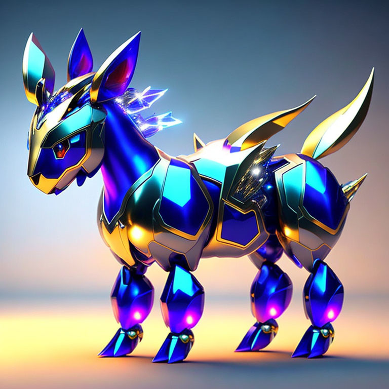 Metallic blue and gold robotic unicorn with glowing joints and mane on gradient background