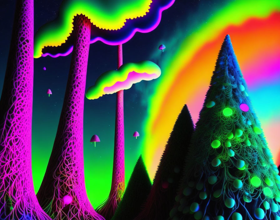 Colorful Digital Art Landscape with Neon Trees, Glowing Mushrooms, and Rainbow Sky