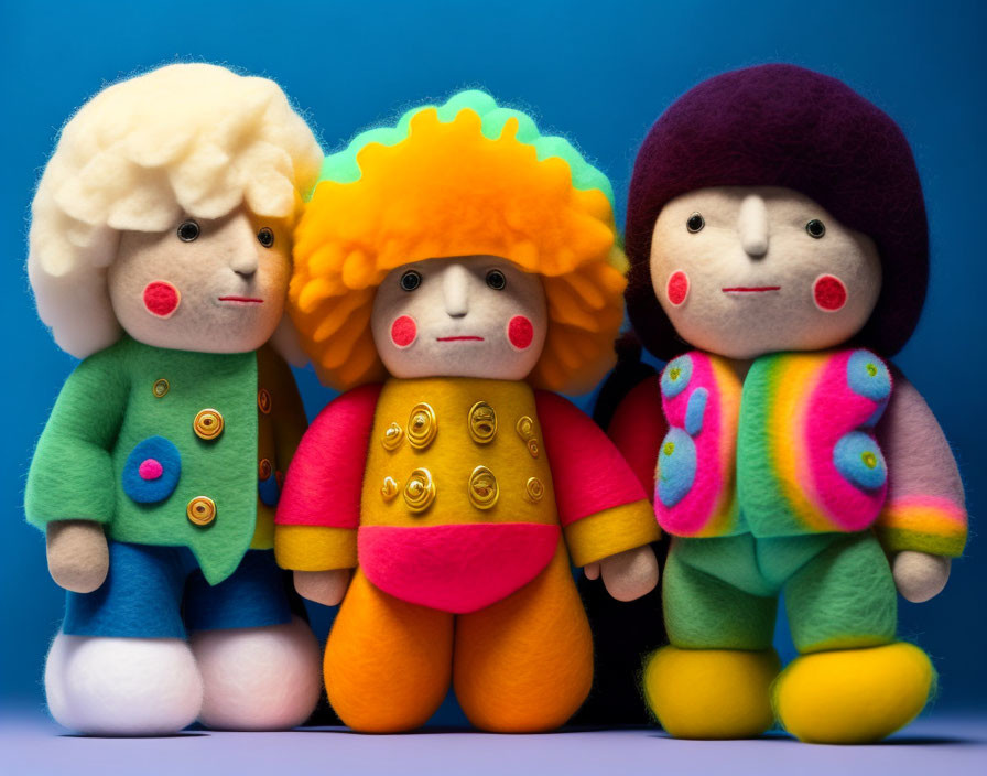 Colorful Plush Toys Inspired by 70s Pop Culture on Blue Background