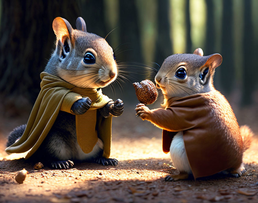 Anthropomorphic animated squirrels sharing nut in forest
