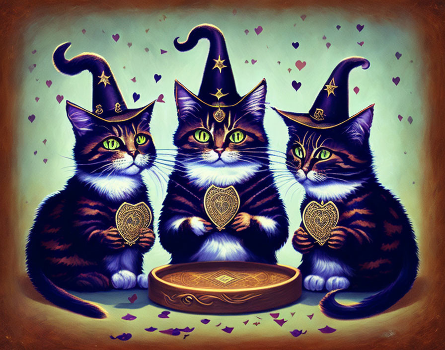 Mystical cats in wizard hats with tarot cards and golden deck