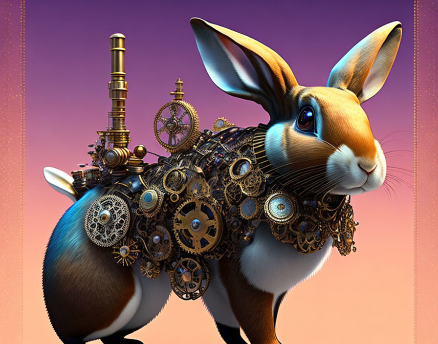 Steampunk-style rabbit digital artwork with mechanical device and telescope