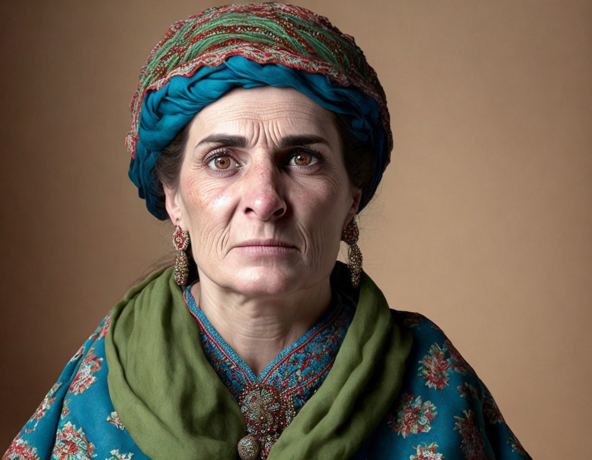 Concerned woman in colorful headscarf and shawl against tan backdrop