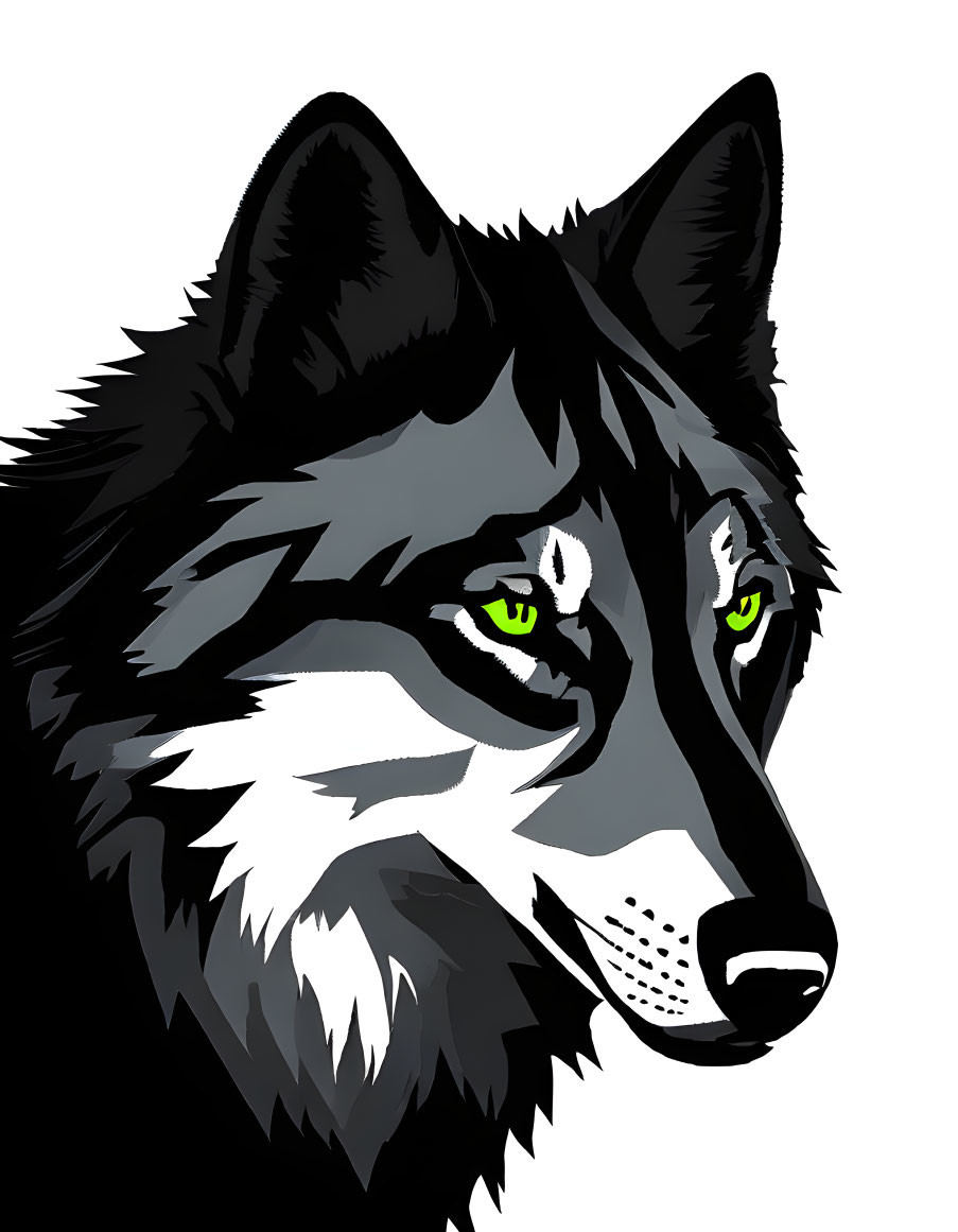 Detailed Wolf Head Illustration with Green Eyes and Bold Fur Patterns