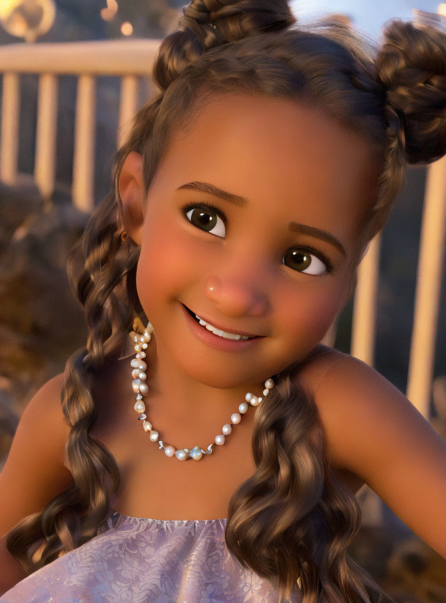 Animated girl with braided hair and pearl necklace in soft-focus background