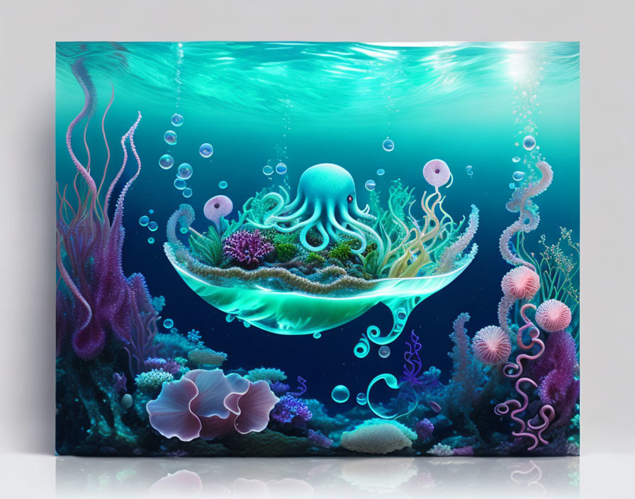 Colorful Underwater Scene with Glowing Jellyfish and Coral Plants