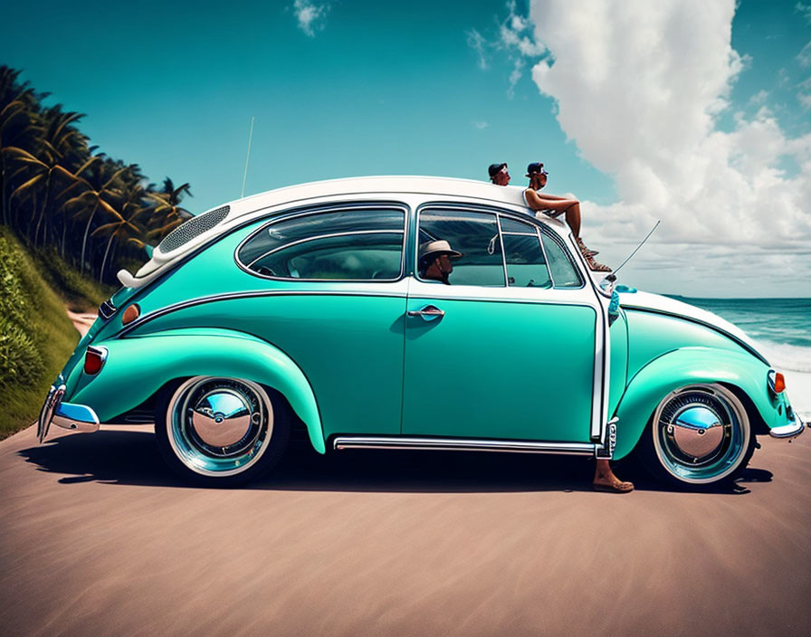 Vintage teal Volkswagen Beetle parked on sandy tropical beach with palm trees and people relaxing with drinks.