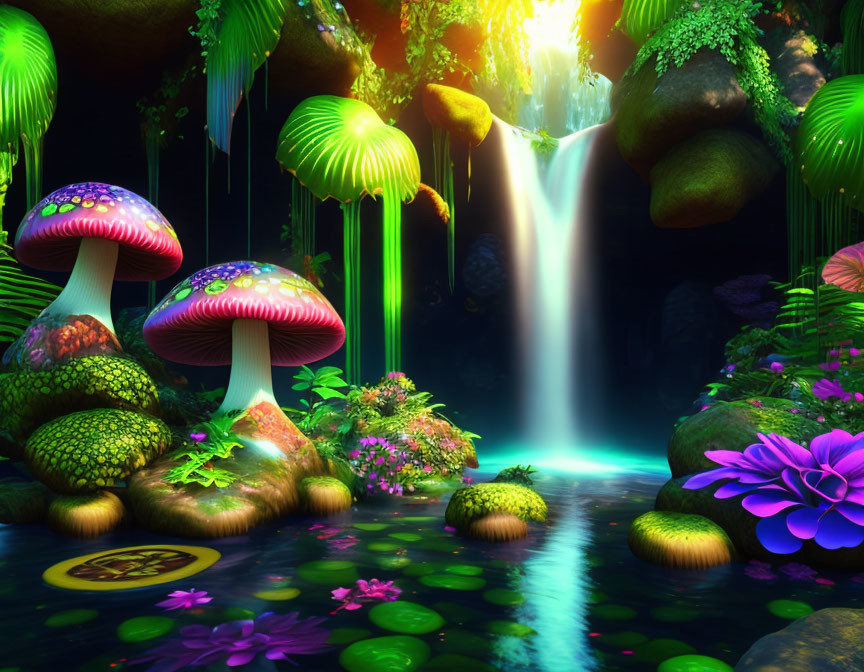 Enchanting forest scene with oversized mushrooms and vibrant plants