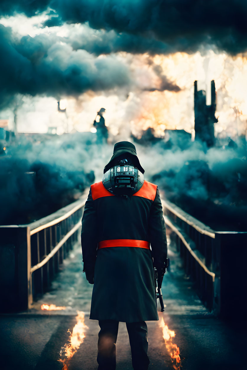 Mysterious figure in dark cape and helmet on bridge with dystopian factory backdrop