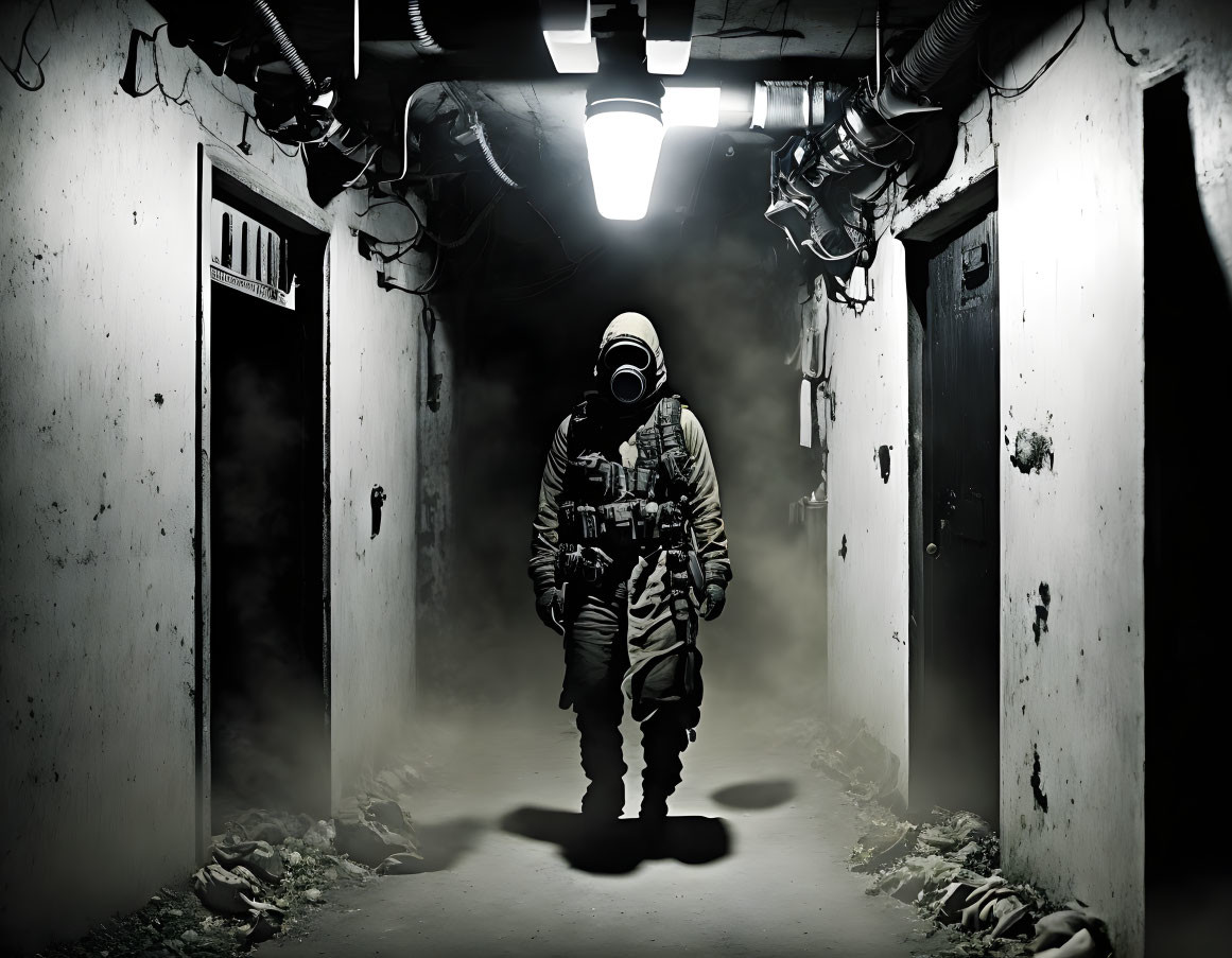 Hazmat suit and gas mask in dimly-lit corridor with exposed pipes and debris