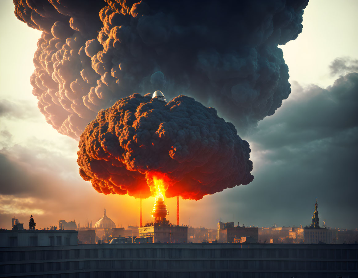 Dramatic sunset cityscape with massive mushroom cloud