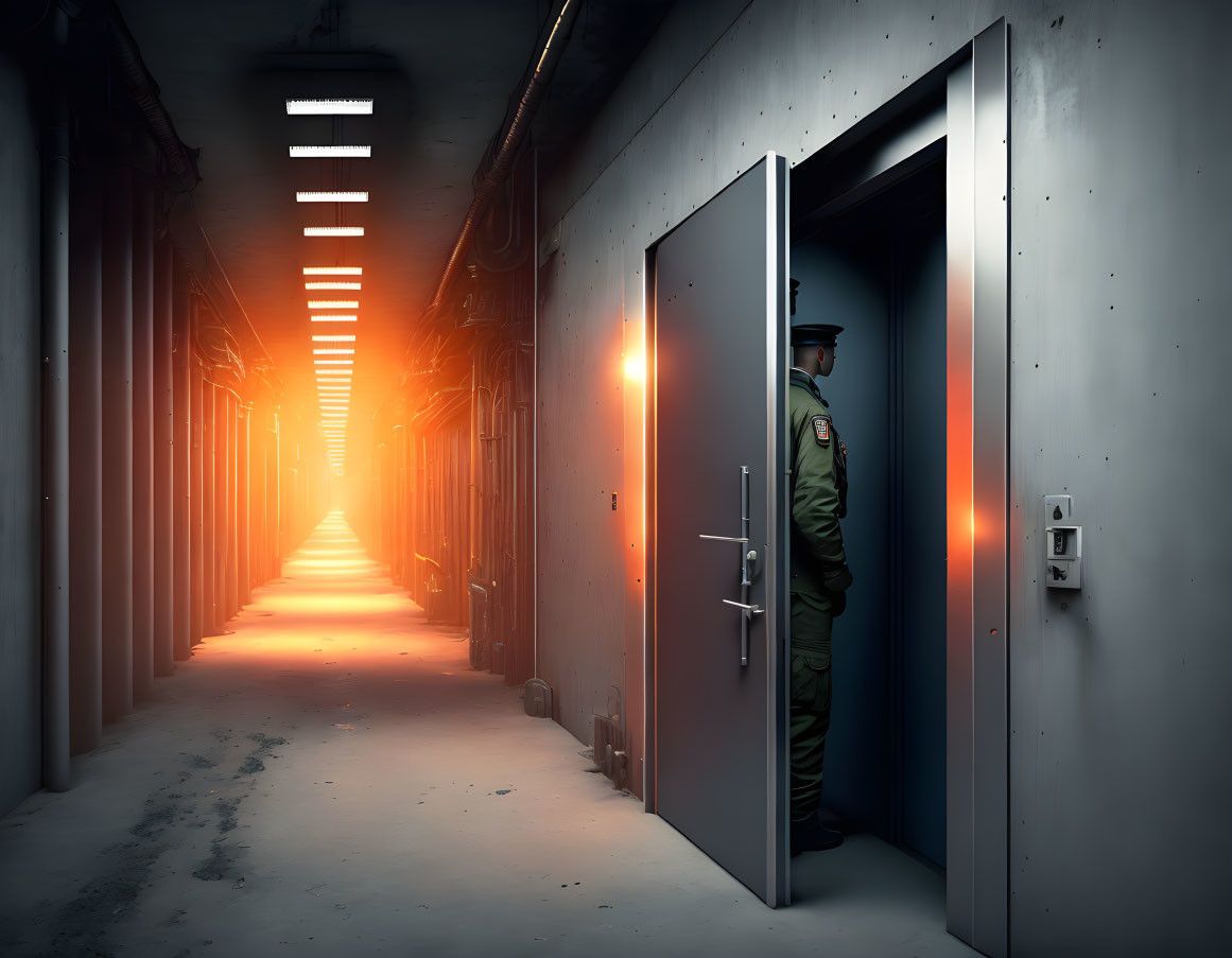 Uniformed security guard in dimly lit corridor with glowing orange light