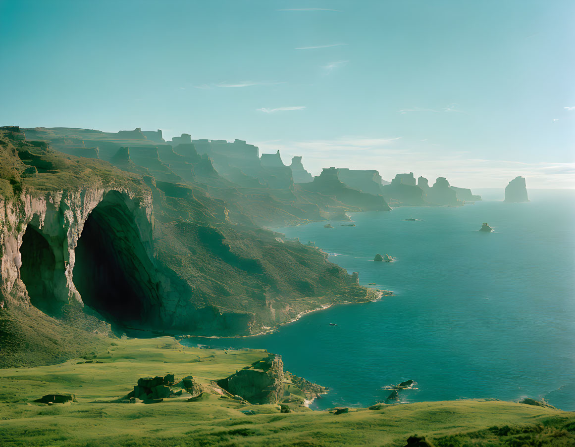 Tranquil coastal landscape with green cliff and sea cave