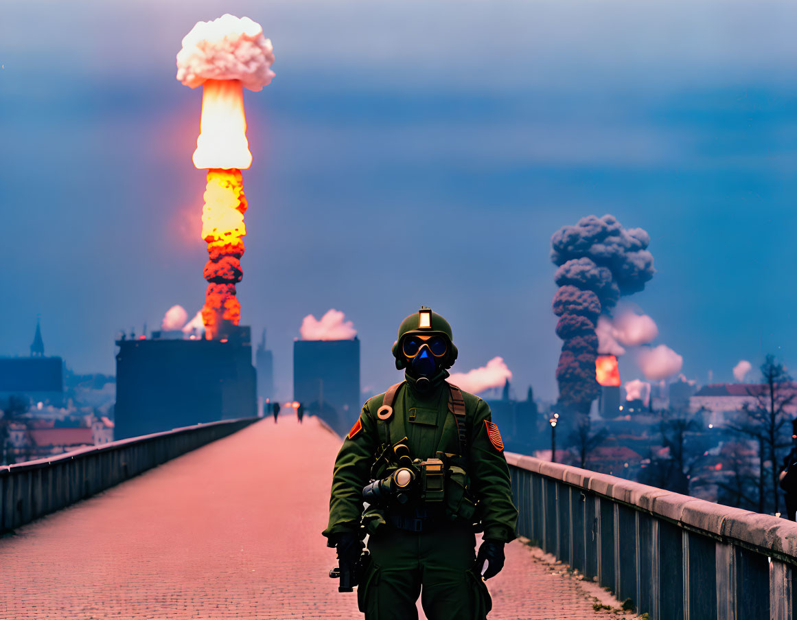 Person in gas mask on bridge with explosion and smoke plumes