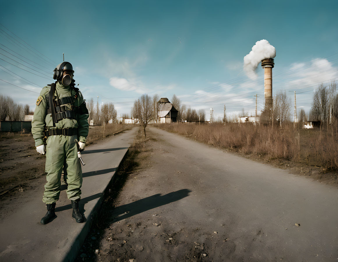 Desolate road scene with person in hazmat suit and industrial backdrop