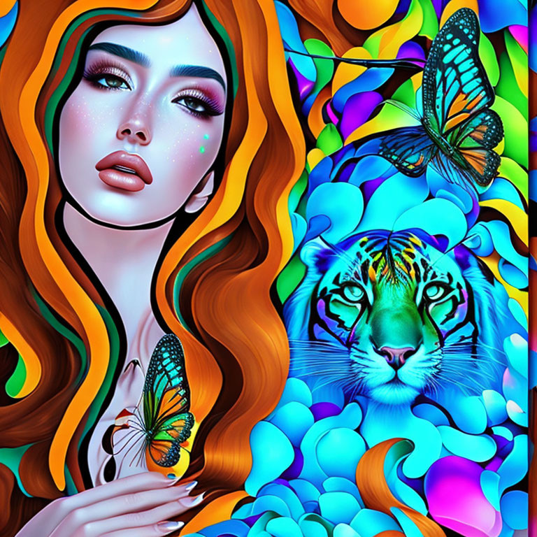 Colorful digital art of woman with red hair and tiger in vibrant setting