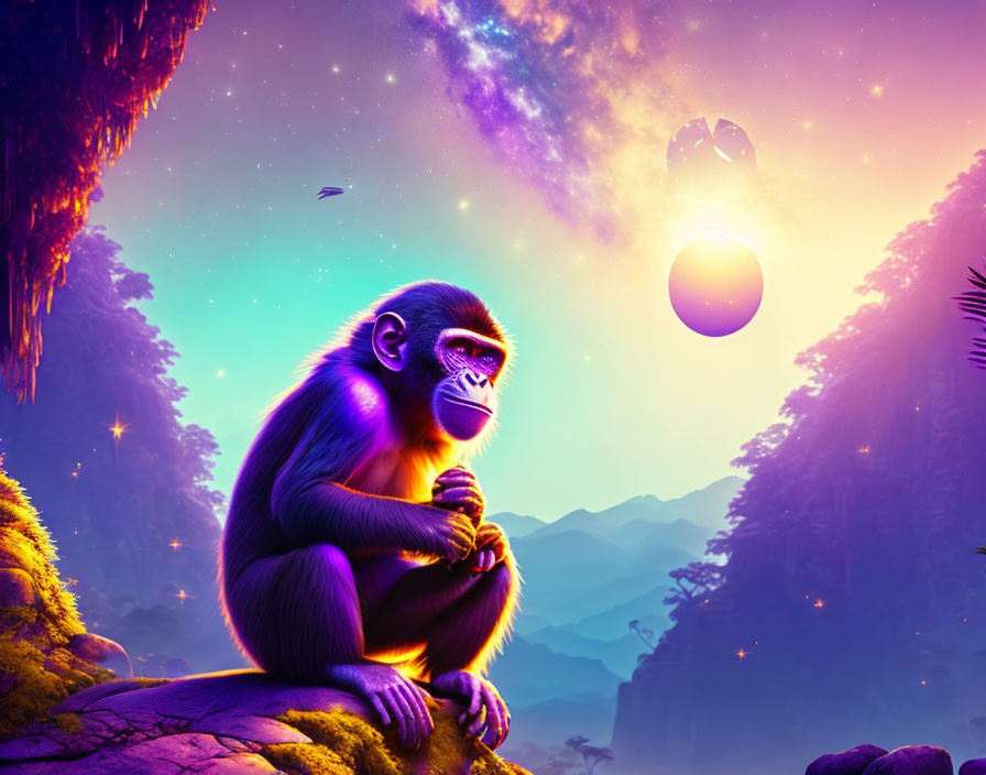 Contemplative monkey in mystical forest with galaxy sky.