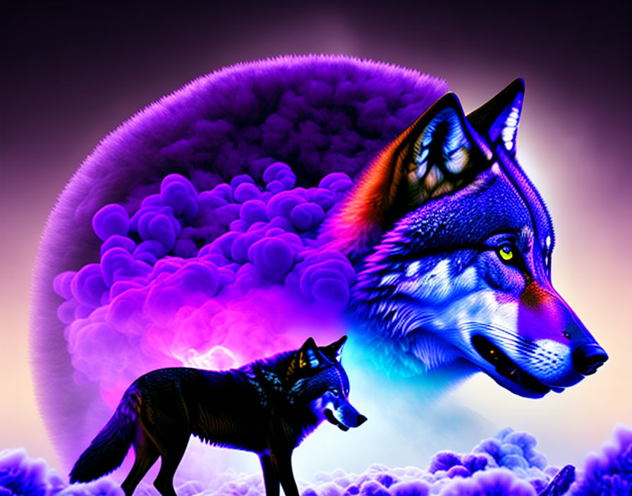 Realistic wolf with neon backdrop in vibrant digital artwork