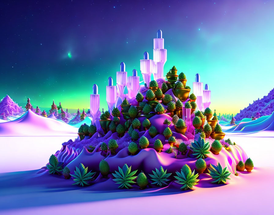 Fantastical Night Landscape with Glowing Trees and Aurora Lights