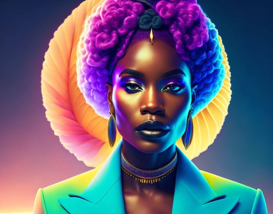 Vibrant digital portrait of woman with purple hair and blue blazer