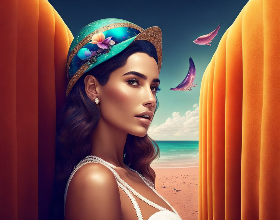 Surreal portrait of woman with cosmos-themed hat and orange curtains in beach setting