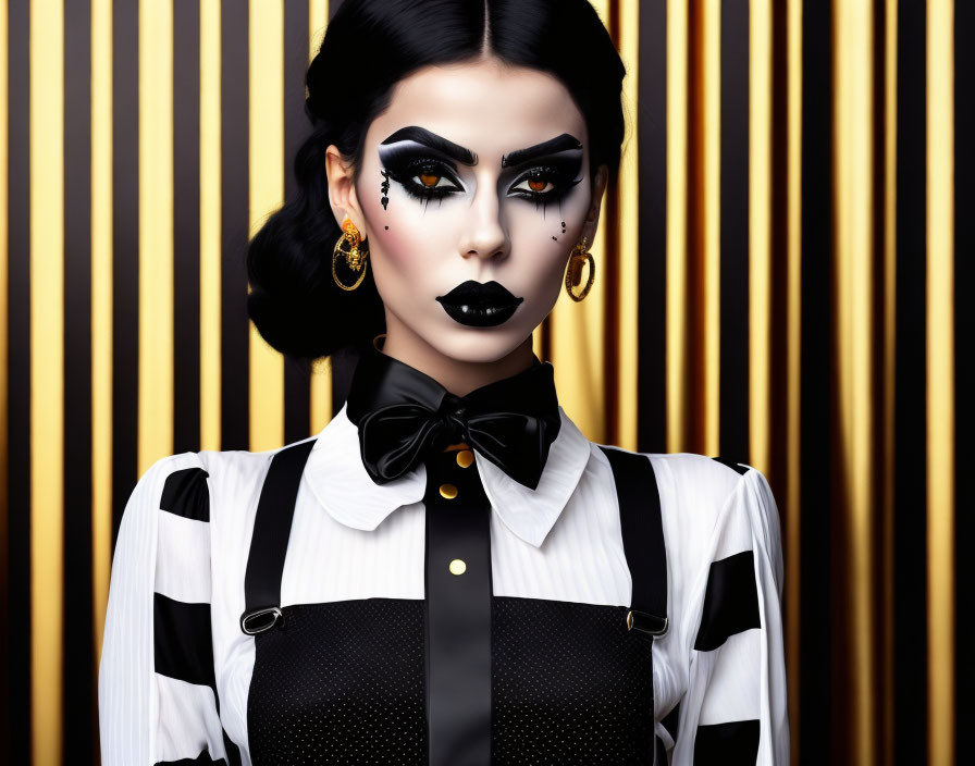 Woman with Bold Makeup and Stylish Outfit Featuring Bow Tie and Suspenders